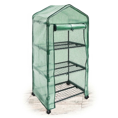Serra Vivaio per Giardinaggio, 3 Ripiani, 130x70x48 cm, Accessorio Giardinaggio Ruote, Rivestimento PE, Verde