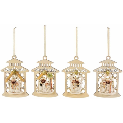 Natività da appendere per albero di Natale in legno e resina 12 pezzi assortiti