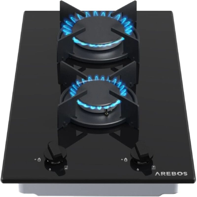 AREBOS Cucina Piano Cottura a Gas Vetroceramica 2 Fuochi per Gas Naturale 30 cm