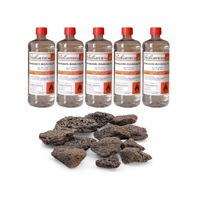 Kit Accessori con 5 Bottiglie Bioetanolo Biofiamma e Kit Pietre Laviche
