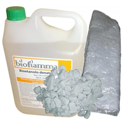 Kit Biocamini 5 Litri Bioetanolo Italiano + 1 Fibra Ceramica + Pietre Bianche Decorative
