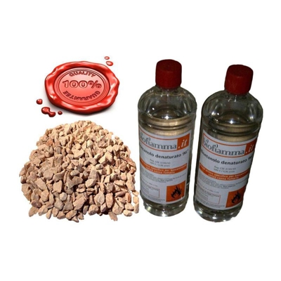Nuovo Kit per Caminetti con 2 Lt Bioetanolo Made in Italy e Pietre Rosse Decorative