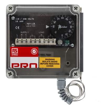 Termostato per cavo scaldante RS PRO, 125 x 75 x 125mm, 0 → +90 °C.