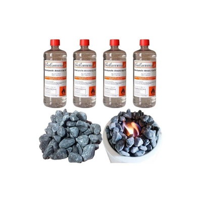 Kit Decorativo per Biocaminetti a Bioetanolo con 4 Lt di Bioetanolo Italiano e Kit di Pietre Nere