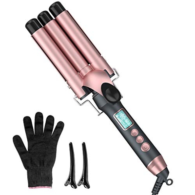 Arricciacapelli, Ferro Arricciacapelli professionale 3 Tubi 25 mm con piastre in ceramica tormalina, bigodino con display LCD, temperatura regolabile 