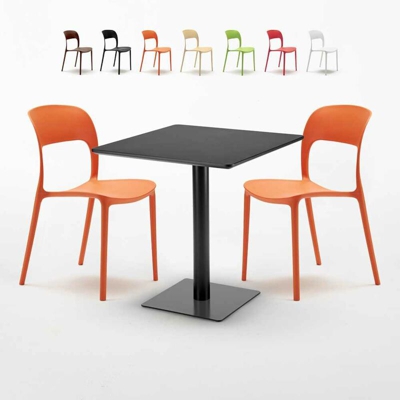 Tavolino Quadrato Nero 70x70 cm con 2 Sedie Colorate Restaurant Kiwi | Arancione