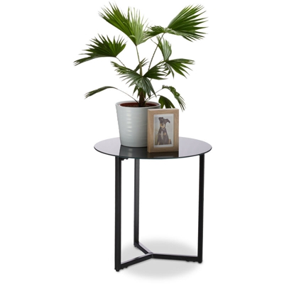 10023146_46 Tavolino Rotondo da Salotto in Vetro e Metallo, Tavolo da Caffè, HxLxP: 51 x 50 x 50 cm, Nero