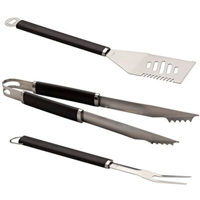 Set 3 Accessori Barbecue con Forchettone, Pala e Pinza - in Acciaio Inox - Manico Antiscivolo
