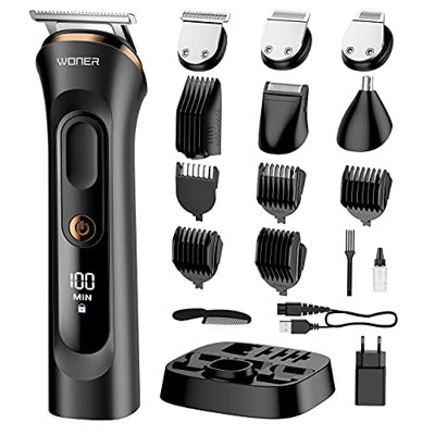 WONER Regolabarba, 12 in 1 Rasoio Elettrico, Rasoio Capelli con USB Ricarica Wireless, Macchinetta per Capelli per un Taglio Preciso di Corpo e Naso, 