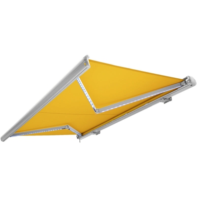 NEMAXX Tenda a cassonetto tenda da sole elettrica a cassonetto completa con Led, tenda da sole gialla, cassonetto bianco, radiocomando, impermeabile