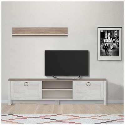 Mobile Porta Tv Sento - Con Ante, Mensole - Da Salotto - Bianco, Noce In Legno, 160 X 35 X 42 Cm