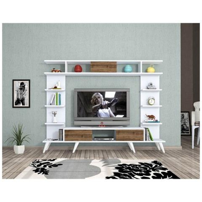 Mobile Porta Tv Pan - Con Ante, Mensole - Da Salotto - Bianco, Rovere In Legno, 180 X 35 X 135 Cm