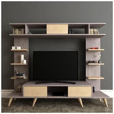 Mobile Porta Tv Pan - Con Ante, Mensole - Da Salotto - Grigio, Rovere In Legno, 180 X 35 X 135 Cm
