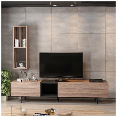 Mobile Porta Tv Diany - Con Ante, Mensole - Da Salotto - Nero, Legno In Legno, 195 X 37 X 45 Cm