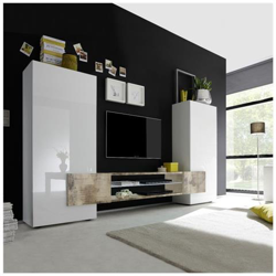 Parete Attrezzata Da Soggiorno, Mobile Porta Tv Con Pensili E Scaffali, Salotto Moderno Completo, Made In Italy, Cm 258x37xh144, Colore Bianco E Pero en oferta
