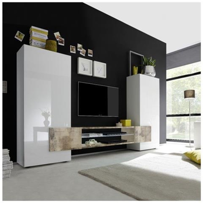 Parete Attrezzata Da Soggiorno, Mobile Porta Tv Con Pensili E Scaffali, Salotto Moderno Completo, Made In Italy, Cm 258x37xh144, Colore Bianco E Pero