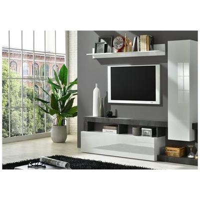 Parete Attrezzata Da Salotto, Mobile Porta Tv Con Base, 1 Pensile E 1 Mensola, Soggiorno Moderno, Made In Italy, Cm 219x35xh173, Colore Bianco E Ossido