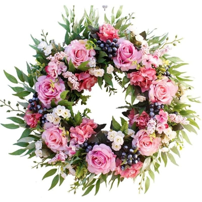 Ghirlanda per porta ghirlanda di fiori artificiali di rose con foglie verdi Ghirlanda natalizia per porta d'ingresso, matrimonio, parete, decorazioni