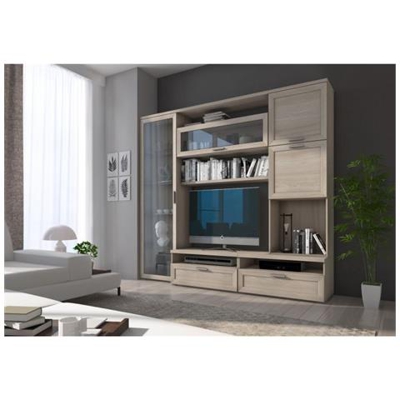 Parete Attrezzata Da Soggiorno, Mobile Porta Tv Con Vetrina E Pensili Con Scaffali, Salotto Completo, Cm 240x50h215, Colore Rovere