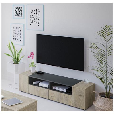 Mobile Porta Tv Con 4 Ante E Vani Aperti, Credenza Moderna, Madia Di Design, Buffet Moderno Da Soggiorno, Cm 138x42h36, Colore Rovere