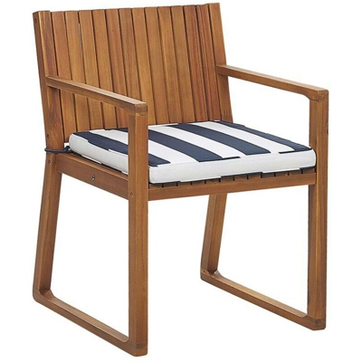 Sedia da giardino in legno marrone chiaro con cuscino a strisce blu SASSARI