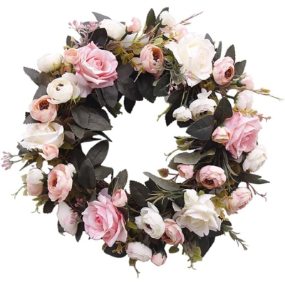 Ghirlanda per porta, ghirlanda di rose con fiori artificiali - Decorazione per quattro stagioni per porta d'ingresso con rosa tea e foglie verdi, per