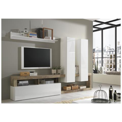 Parete Attrezzata Da Salotto, Mobile Porta Tv Con Base, 2 Pensili E 1 Mensola, Soggiorno Moderno, Made In Italy, Cm 277x35xh173, Colore Bianco E Pero en oferta