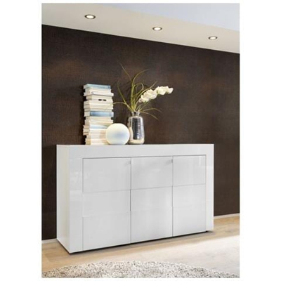 Credenza Moderna A 3 Ante, Buffet Da Cucina, Madia Con Scaffali, Mobile Da Soggiorno Porta Tv, Made In Italy, Cm 138x42xh84, Colore Bianco Lucido