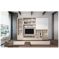 Parete Attrezzata Da Soggiorno, Mobile Porta Tv Con Vetrinetta E Scaffali Pensili, Salotto Moderno Completo, Cm 300x50h215, Colore Bianco E Olmo precio