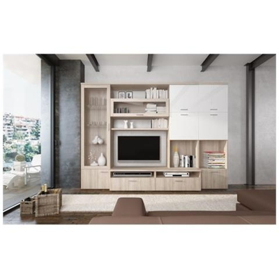 Parete Attrezzata Da Soggiorno, Mobile Porta Tv Con Vetrinetta E Scaffali Pensili, Salotto Moderno Completo, Cm 300x50h215, Colore Bianco E Olmo