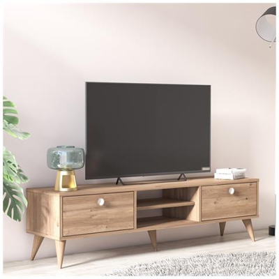 Mobile Da Soggiorno Porta Tv Con Due Antine E Due Vani Centrali, Cm 152 X 35 X 40, Colore Quercia