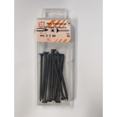 ORECA - 10 VITI PER LEGNO TRUCIOLATO TESTA PIANA SVASATA IMPRONTA A CROCE PZ 5X80mm IN ACCIAIO BRUNITO