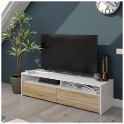 Mobile Da Soggiorno Porta Tv Con Due Ante Con Apertura A Vasistas E Due Piccoli Scomparti, Colore Bianco Con Ante Di Colore Rovere, Misure 130 X 36 X 40 Cm en oferta