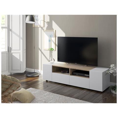 Mobile Da Soggiorno Porta Tv Con Due Ante Battenti, Due Antine A Ribalta E Due Piccoli Ripiani, Colore Bianco Con Dettaglio Rovere, Misure 138 X 36 X 42 Cm