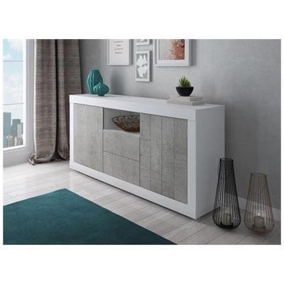 Credenza Moderna A 2 Ante E 2 Cassetti, Buffet Da Cucina, Madia Con Scaffali E Ripiani, Mobile Da Soggiorno Porta Tv, Made In Italy, Cm 185x44h86, Colore Bianco E Cemento