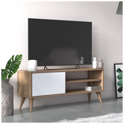 Mobile Da Soggiorno Porta Tv Con Un'anta Battente E Scomparti, Cm 110 X 30 X 45, Colore Rovere Con Dettaglio Bianco
