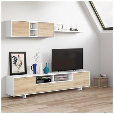Parete Attrezzata Da Soggiorno, Mobile Porta Tv Moderno Rovere, Con Pensile A 2 Ante E Mensola, Cm 200 X 46 X 41, Colore Rovere E Bianco