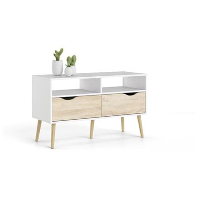 Mobile Porta Tv A Due Cassetti, Colore Bianco E Rovere, Cm 98 X 57 X 40