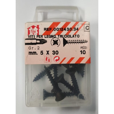 ORECA - 10 VITI PER LEGNO TRUCIOLATO TESTA PIANA SVASATA IMPRONTA A CROCE PZ 5X30mm IN ACCIAIO BRUNITO