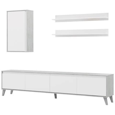 Mobile Da Soggiorno Porta Tv A Quattro Ante Battenti, Un Modulo Pensile A Un' Anta E Due Mensole A Muro, Colore Cemento E Bianco Artik, Misure Porta Tv 200 X 50 X 41 Cm Pensile A Muro 45 X 80 X 29 Cm Mensole 100 X 13 X 18 Cm