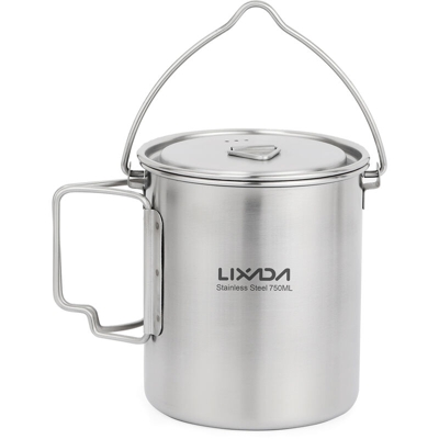 Lixada 750ml POT dell'acciaio inossidabile acqua portatile della tazza della tazza con coperchio e manico pieghevole campeggio cucina all'aperto