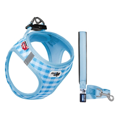 Set Pettorina curli Vest Air-Mesh + Guinzaglio Basic - celeste a quadretti - 26 - 30 cm circ. torace + guinzaglio L 1,4 m x H 1,5 cm