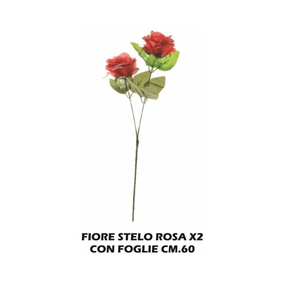 Fiore Stelo Rosa 2 Fiori Con Foglie Cm.60