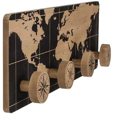 Appendiabiti da Parete in Legno Stile Retro' 4 Ganci Mappa del Mondo 39x13cm