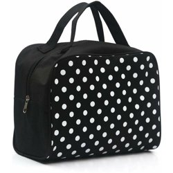 Borse per il trucco da viaggio in tessuto Oxford nero con cerniera portatile multifunzione a pois bianchi en oferta