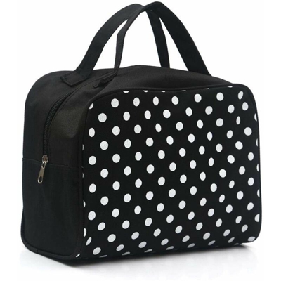 Borse per il trucco da viaggio in tessuto Oxford nero con cerniera portatile multifunzione a pois bianchi
