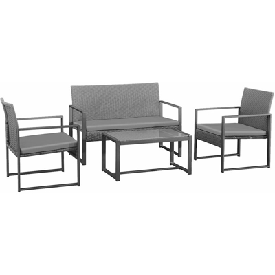 CAPRERA - Mobile da giardino in resina intrecciata grigia - Struttura in acciaio - 4 posti - Divano 2 posti, 2 poltrone, 1 tavolino rettangolare