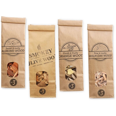 Smokey Olive Wood 4X Sacchetti de trucioli di Legno per Barbecue: 500 ml d'ulivo, 500 ml d'arancio, 500 ml di mandorlo e 500 ml di leccio. Taglia