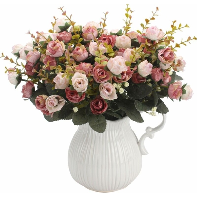 Bouquet artificiale con rose artificiali, 7 steli, 21 fiori, fiori di seta, ideale come decorazione 2 pezzi di caffè rosa