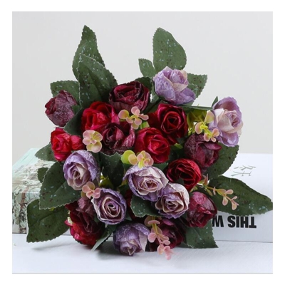 Langray - Bouquet artificiale con rose artificiali, 7 steli, 21 fiori, fiori di seta, ideale come decorazione 2 pezzi di caffè blu